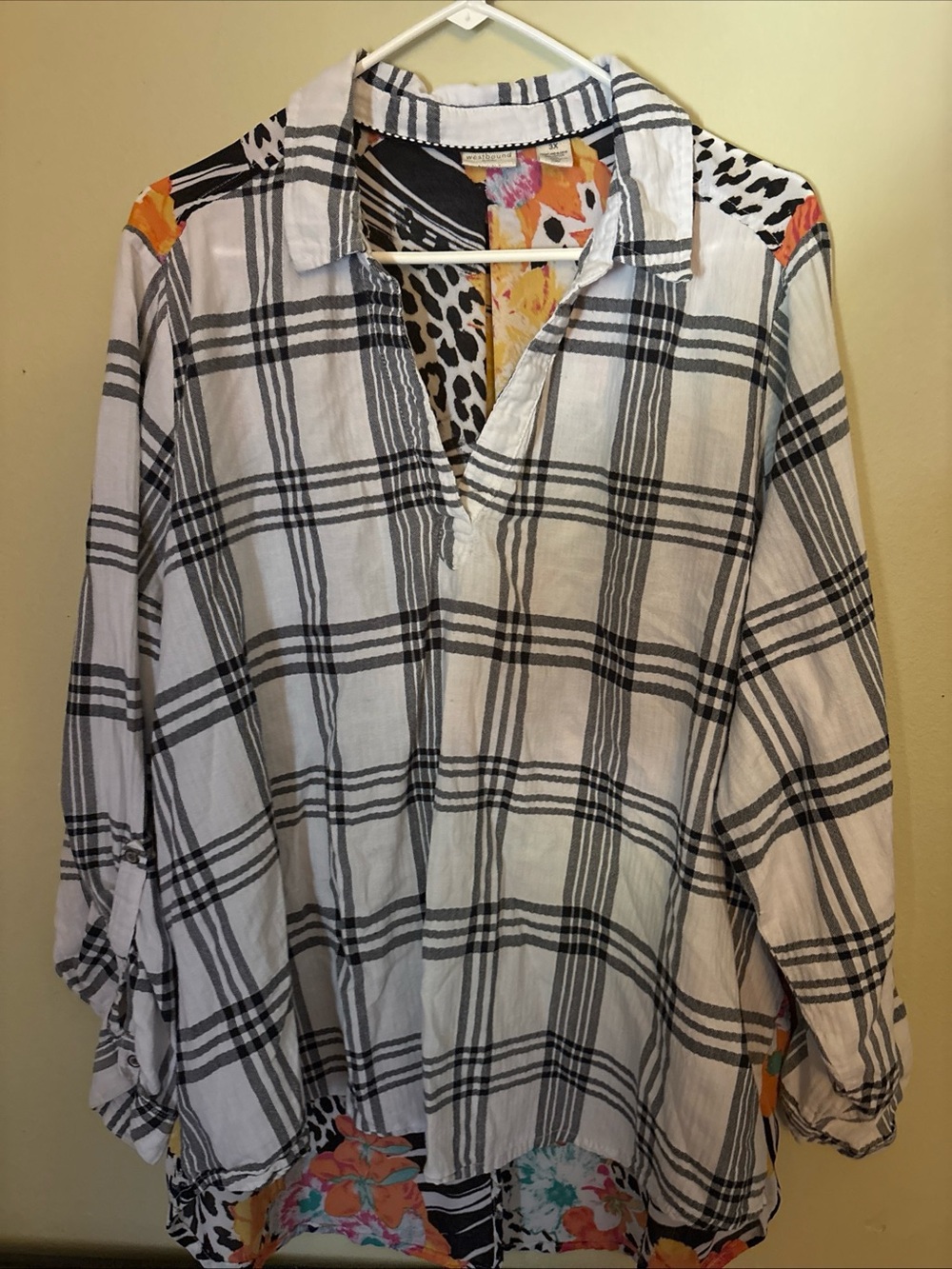 Westbound Black & White Plaid Tunic with Floral and Animal Accents